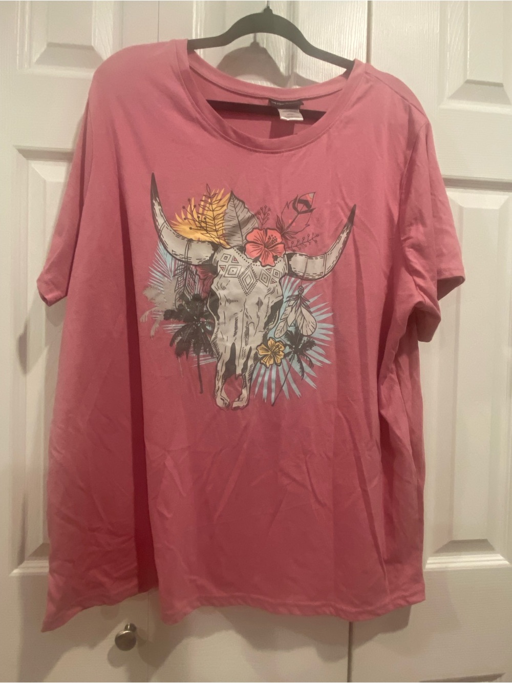 Women's Short Sleeve Graphic Tee - Pink Floral Bull Skull